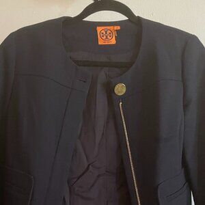 Tory Burch Navy Wool Blend Zip Blazer Gold Button Detail Size 2